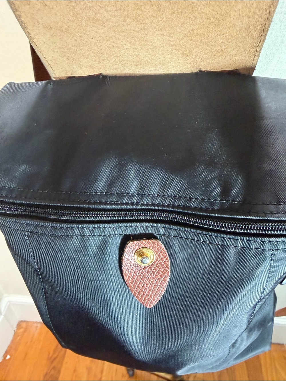 Longchamp Black Nylon Backpack with Brown Leather Trim - Picture 3 of 15